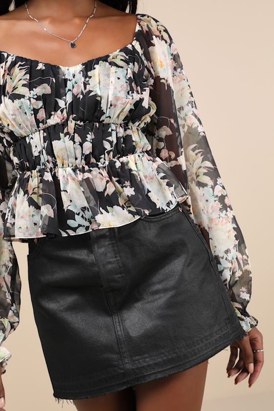 Lulus Blossoming Adornment Black Floral Chiffon Balloon Sleeve Top In Black