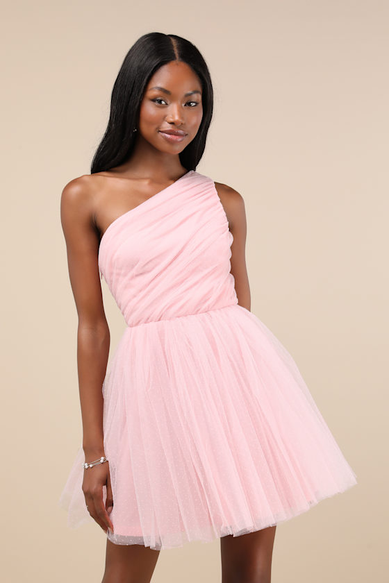 Exceptional Moments Light Pink Swiss Dot One-Shoulder Mini Dress 1