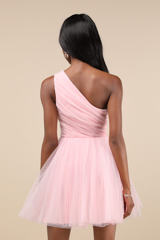 Lulus Exceptional Moments Light Pink Swiss Dot One-shoulder Mini Dress In Light Pink