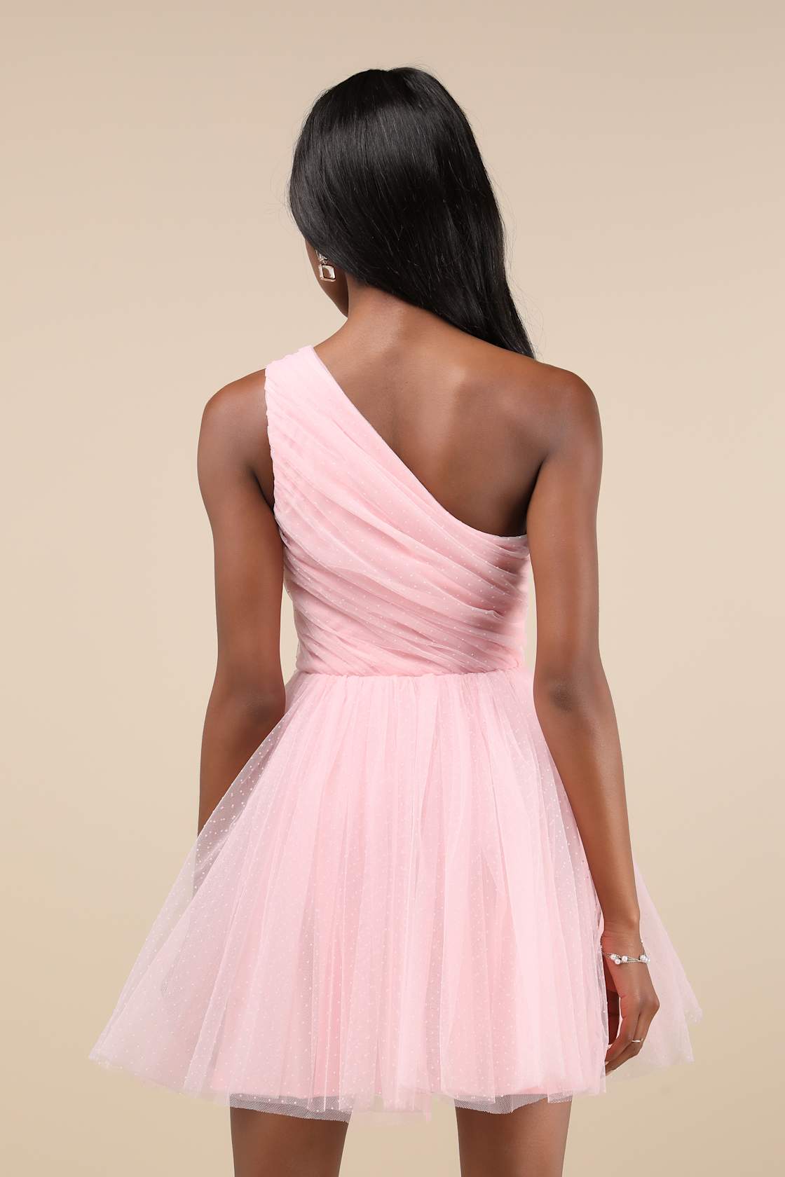 Exceptional Moments Light Pink Swiss Dot One-Shoulder Mini Dress