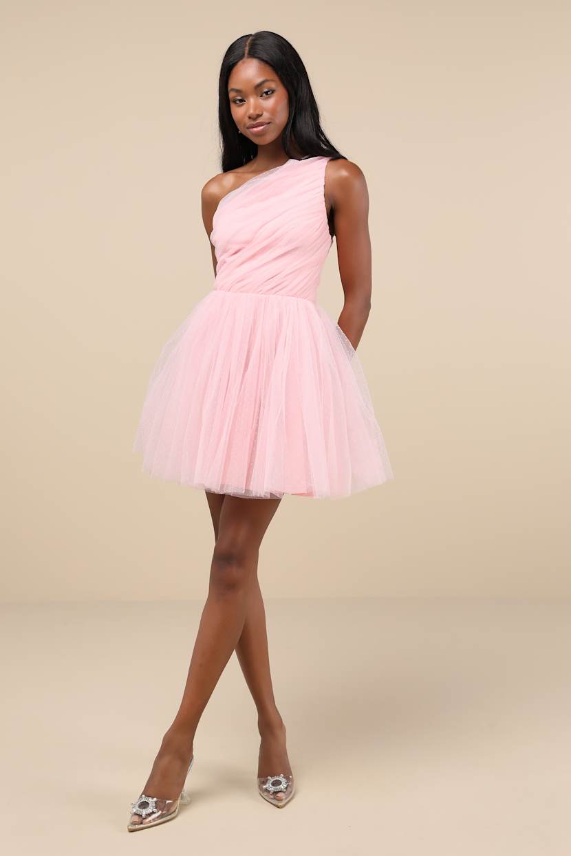 Exceptional Moments Light Pink Swiss Dot One-Shoulder Mini Dress