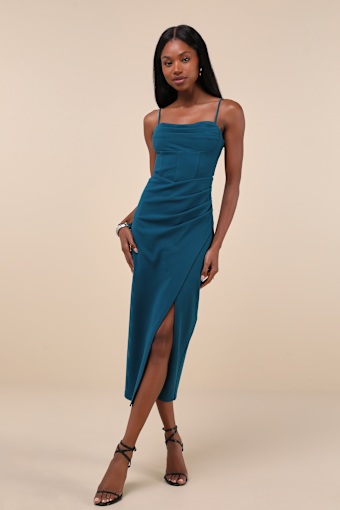 Always Turning Heads Dark Teal Bustier Tulip Midi Dress 1