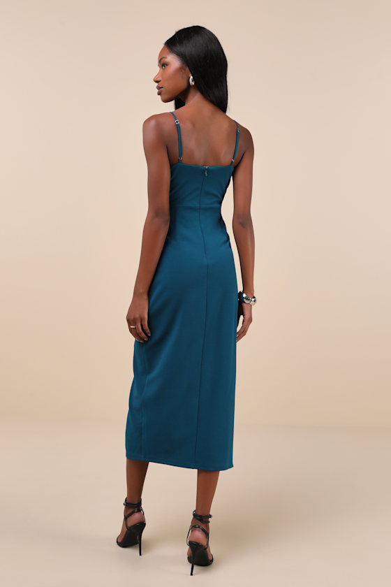 Lulus Always Turning Heads Dark Teal Bustier Tulip Midi Dress In Teal