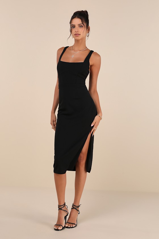 Black Sleeveless Dress - Square Neck Dress - Bodycon Midi