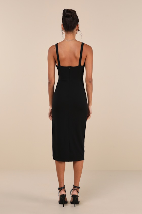 Black Sleeveless Dress - Square Neck Dress - Bodycon Midi