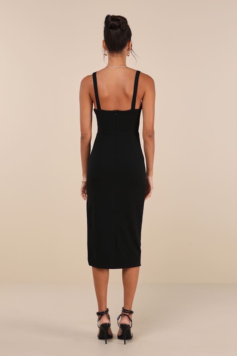 Vibrant Allure Black Square Neck Sleeveless Bodycon Midi Dress
