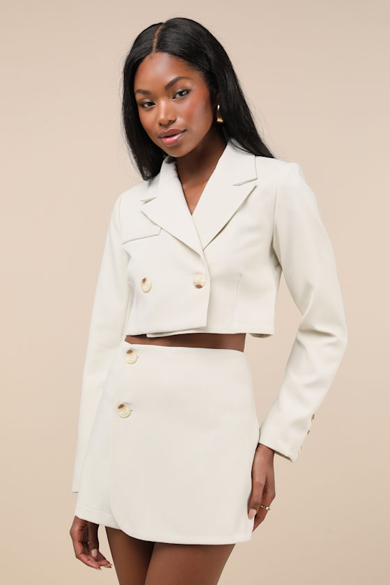 Suit 'Em Up Beige Double-Breasted Cropped Blazer 4
