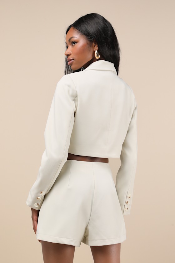Suit 'Em Up Beige Double-Breasted Cropped Blazer 2