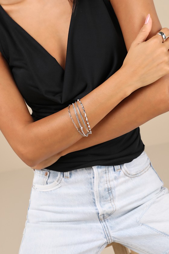 Lulus Simply Glamorous Silver Layered Rhinestone Chain Bracelet