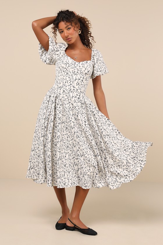 Lulus Sincerely Captivating Ivory Floral Puff Sleeve Midi Dress In Ivory
