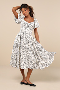 Sincerely Captivating Ivory Floral Puff Sleeve Midi Dress