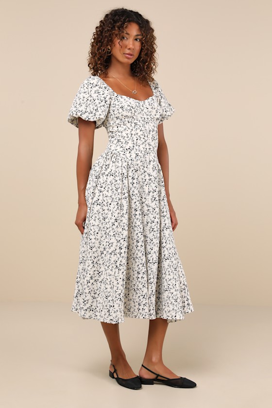Lulus Sincerely Captivating Ivory Floral Puff Sleeve Midi Dress In Ivory