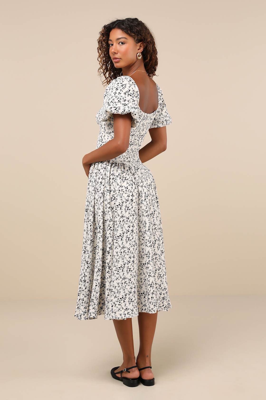 Sincerely Captivating Ivory Floral Puff Sleeve Midi Dress