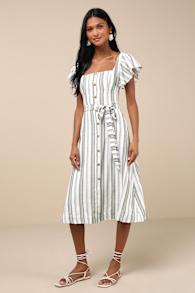Mediterranean Moves Olive Striped Flutter Sleeve Midi Dress 5