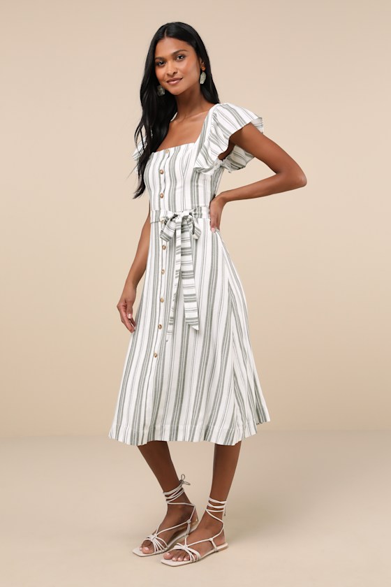 Shop Lulus Mediterranean Moves Olive Striped Flutter Sleeve Midi Dress In White