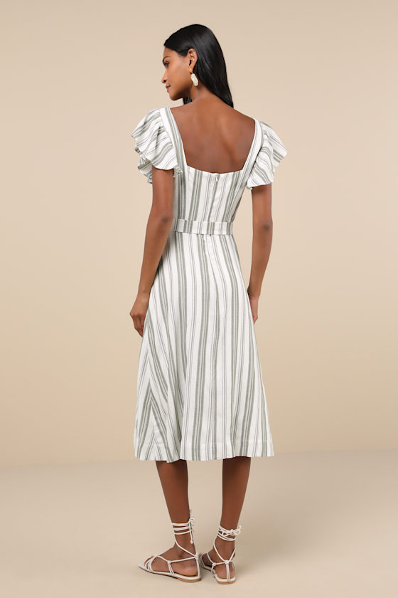 Shop Lulus Mediterranean Moves Olive Striped Flutter Sleeve Midi Dress In White