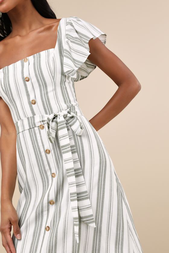 Shop Lulus Mediterranean Moves Olive Striped Flutter Sleeve Midi Dress In White