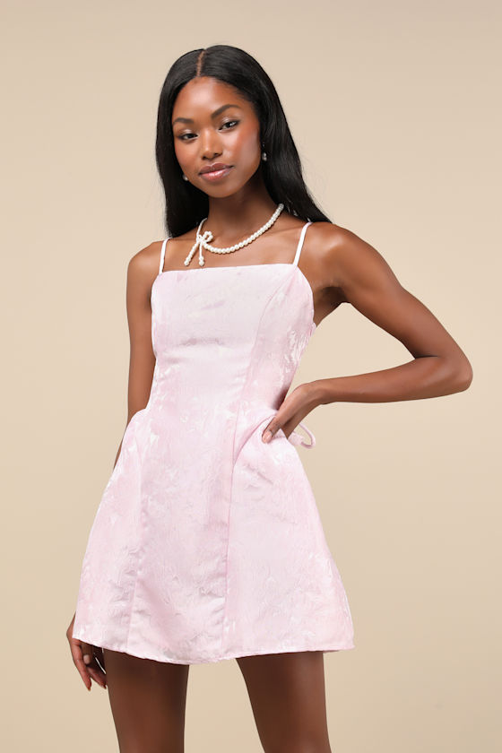 Adorably Charming Light Pink Jacquard Lace-Up Bow Mini Dress 2
