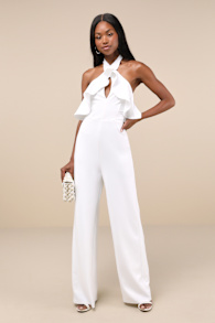 Elegant Flair White Ruffled Wide-Leg Halter Jumpsuit