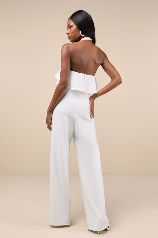 Elegant Flair White Ruffled Wide-Leg Halter Jumpsuit