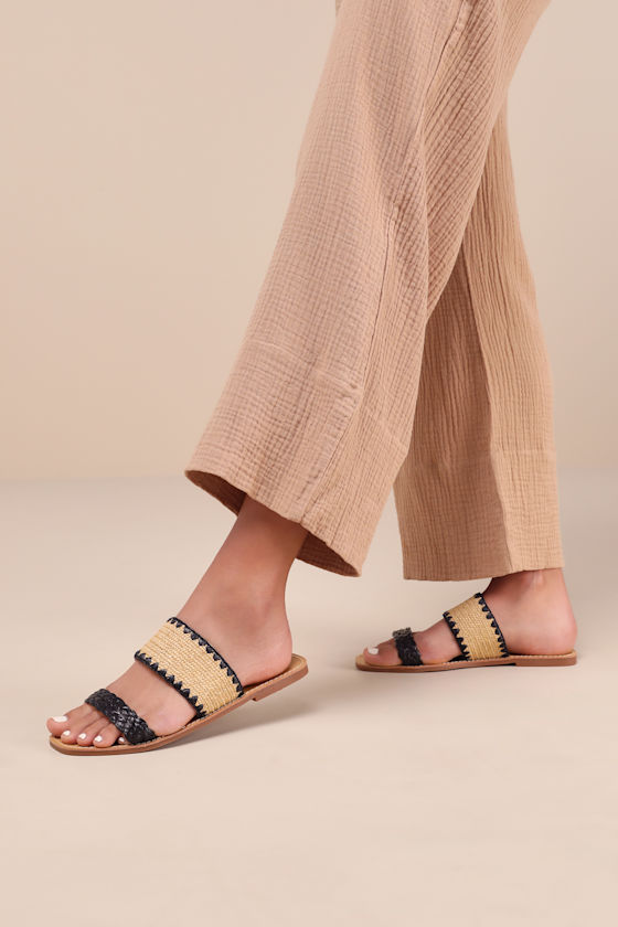 Minka Black Raffia Woven Slide Sandals 1