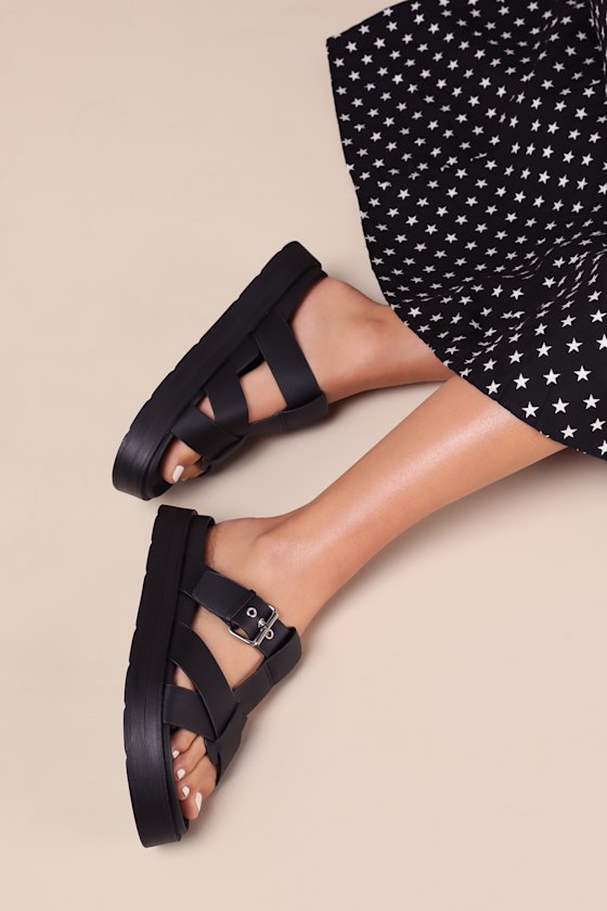 F-Mode Go Webbing Flatform Strappy Slides Sandals - All Black