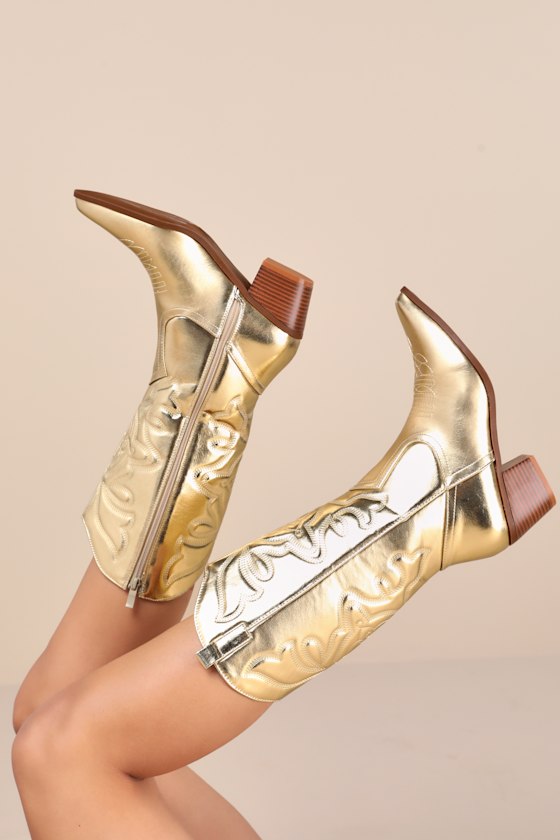 Ali Gold Metallic Pointed-Toe Knee High Western Boots 1