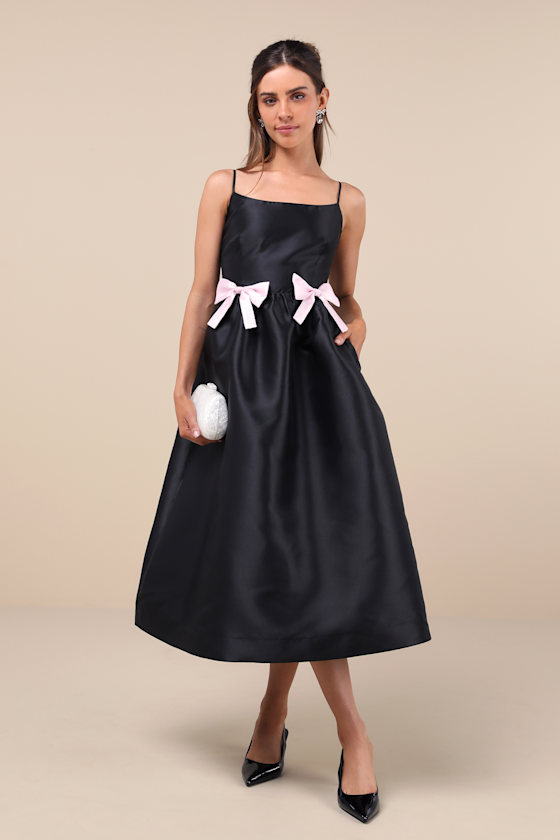 Classy Aesthetic Black Taffeta Bow Midi Dress With Pockets 1