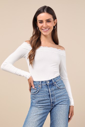 Skilled Poise White Ribbed Off-the-Shoulder Lace Bodysuit 1