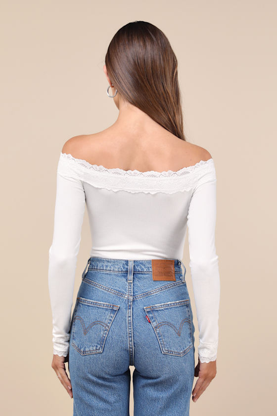 Lulus Skilled Poise White Ribbed Off-the-shoulder Lace Bodysuit In White