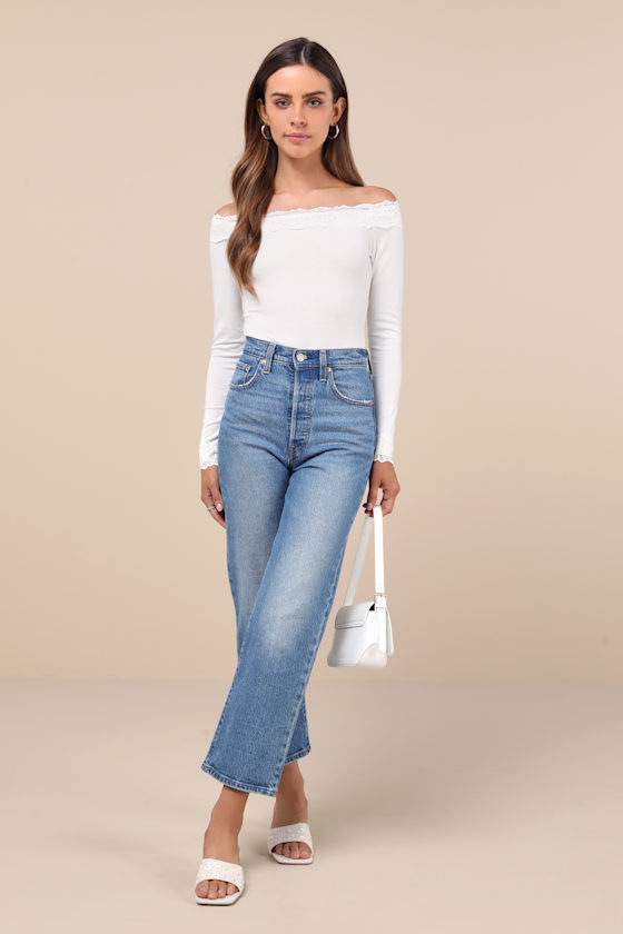 Lulus Skilled Poise White Ribbed Off-the-shoulder Lace Bodysuit In White