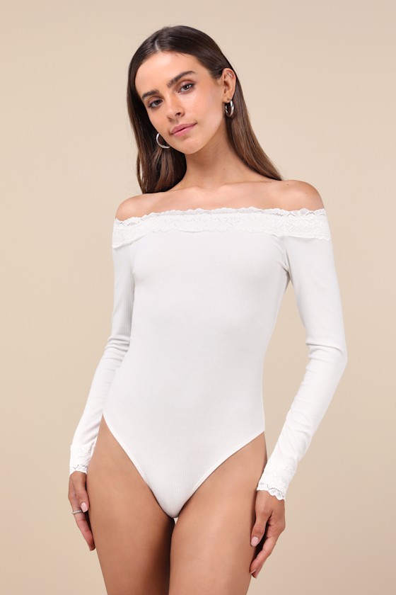 Lulus Skilled Poise White Ribbed Off-the-shoulder Lace Bodysuit In White