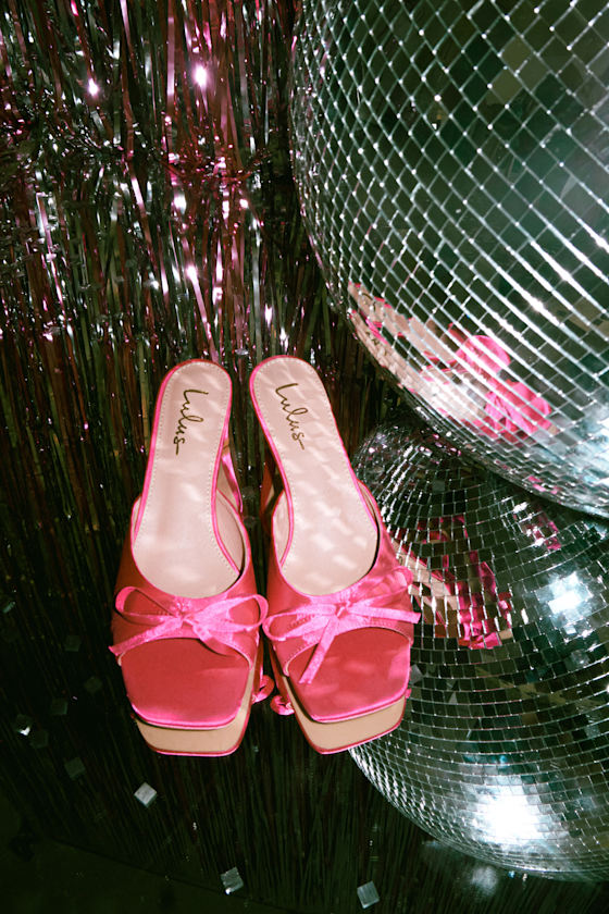 Hot Pink Satin Heels - Pink Bow Heels - High Heel Slide Sandals - Lulus