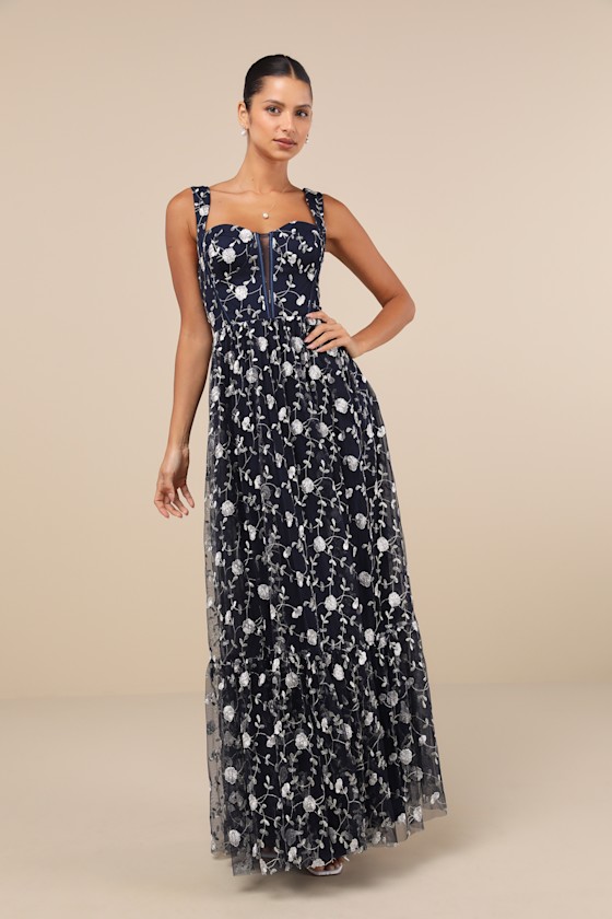Gala Invite Navy Blue Embroidered Tulle Bustier Maxi Dress 1