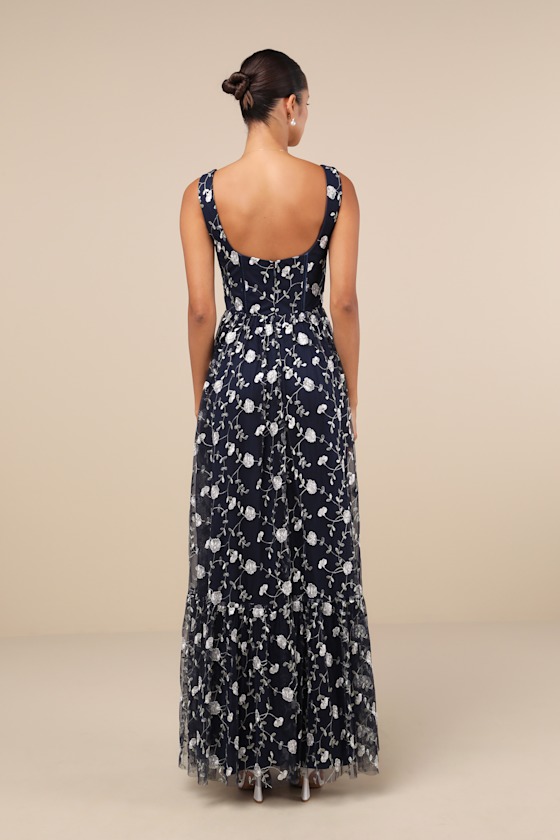 Gala Invite Navy Blue Embroidered Tulle Bustier Maxi Dress 2
