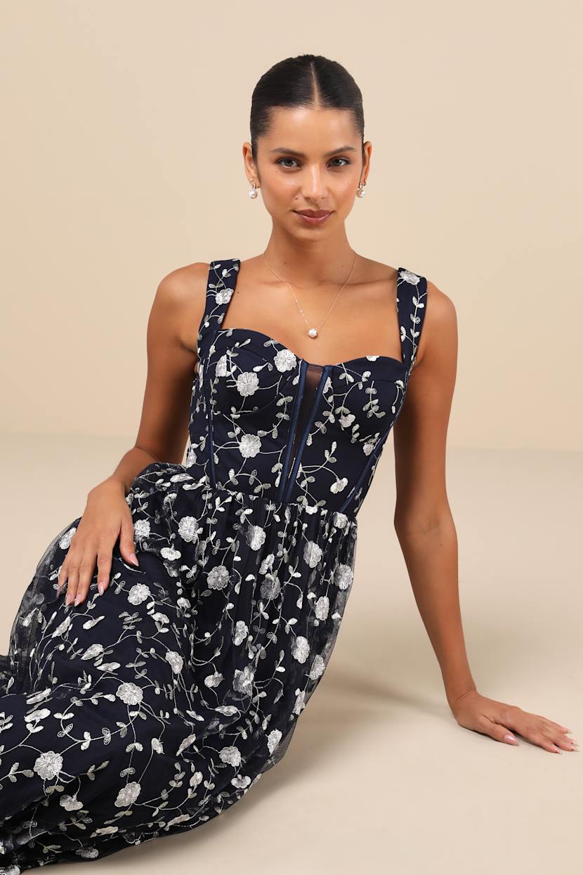 Navy Blue Embroidered Gown - Tulle Maxi Dress - Corset Dress - Lulus