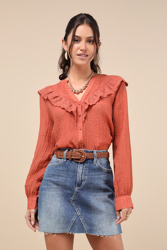 LULUS INSTANTLY SWEET TERRACOTTA EYELET LONG SLEEVE BUTTON-UP TOP