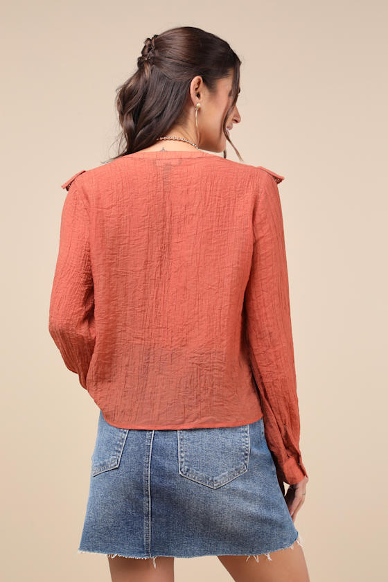 LULUS INSTANTLY SWEET TERRACOTTA EYELET LONG SLEEVE BUTTON-UP TOP