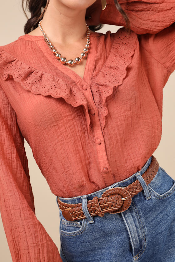 LULUS INSTANTLY SWEET TERRACOTTA EYELET LONG SLEEVE BUTTON-UP TOP