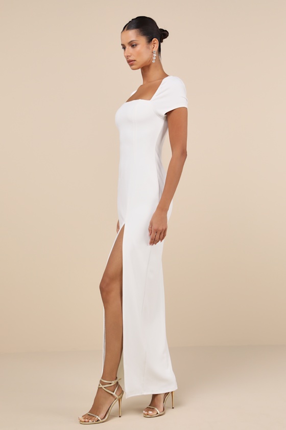Lulus Magnificent Impression White Square Neck Short Sleeve Maxi Dress In White