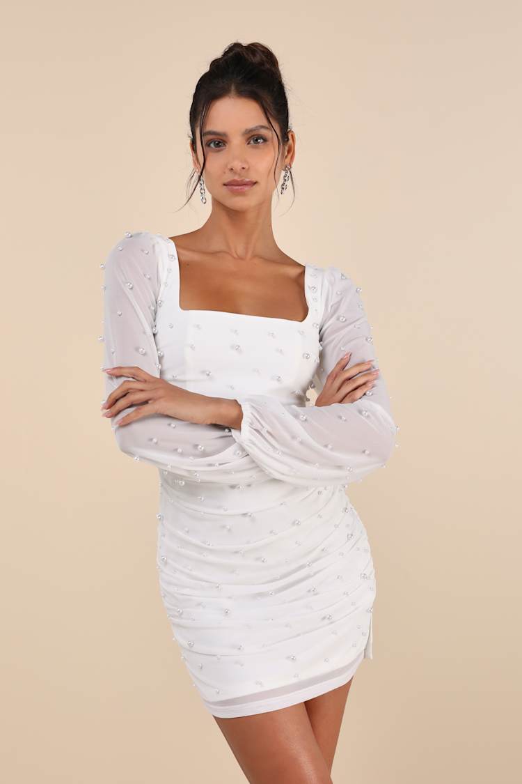 Admirably Divine White Mesh Pearl Long Sleeve Mini Dress
