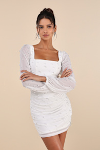 Admirably Divine White Mesh Pearl Long Sleeve Mini Dress 1