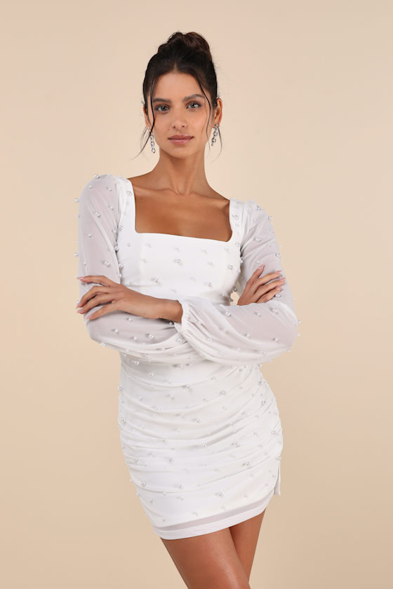 Admirably Divine White Mesh Pearl Long Sleeve Mini Dress 1