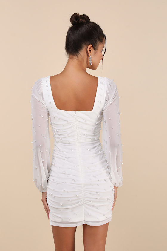 Lulus Admirably Divine White Mesh Pearl Long Sleeve Mini Dress In White