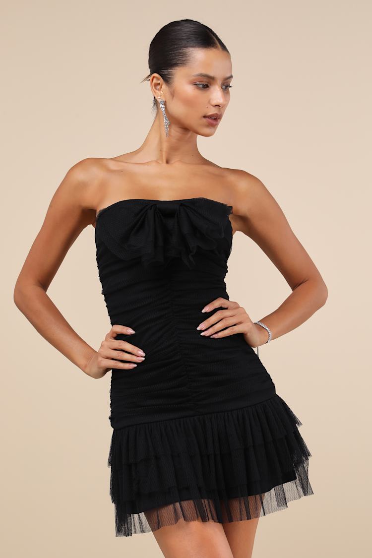 Picture-Perfect Persona Black Mesh Bow Ruched Mini Dress Picture-Perfect Persona Black Mesh Bow Ruched Mini Dress