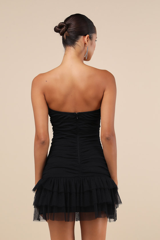 Lulus Picture-perfect Persona Black Mesh Bow Ruched Mini Dress In Black