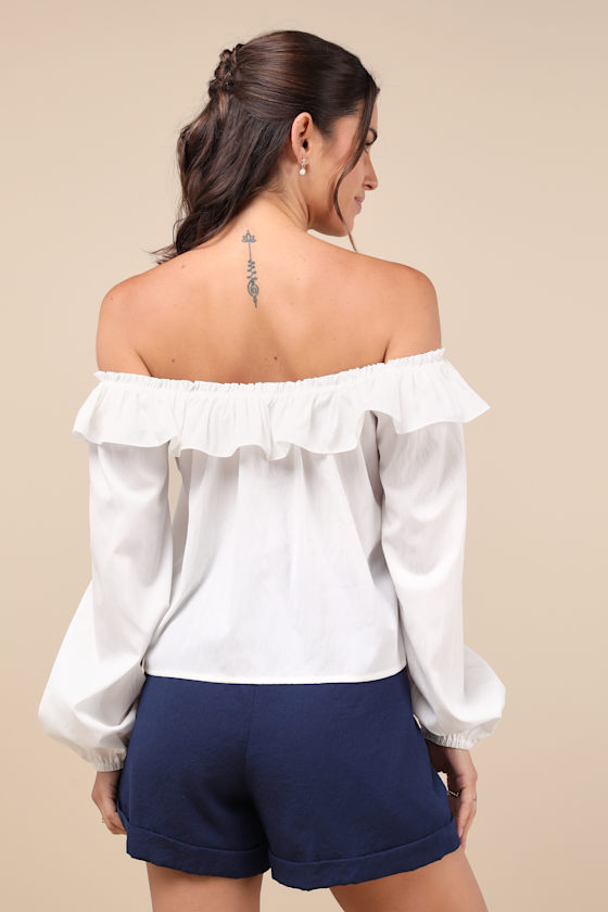 Dreamy Perception White Ruffled Long Sleeve Off-the-Shoulder Top 4