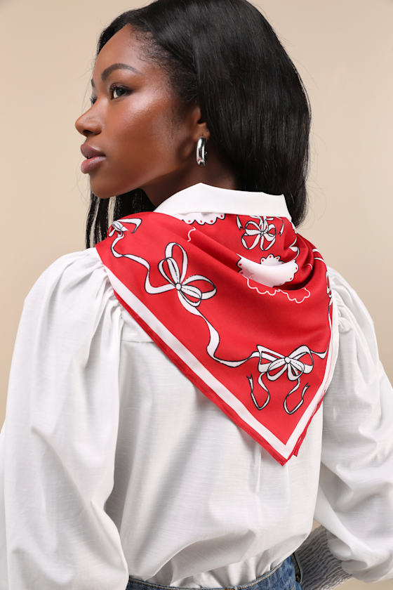 Sheriff Red and White Heart and Bow Print Square Scarf 2