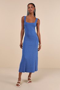 Majorly Stylish Blue Ribbed Knit Sleeveless A-Line Midi Dress 1