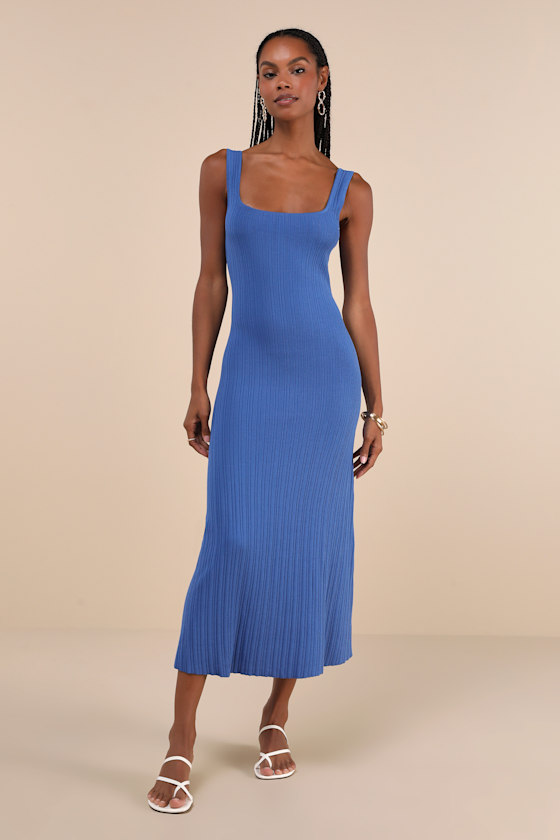 Majorly Stylish Blue Ribbed Knit Sleeveless A-Line Midi Dress 1